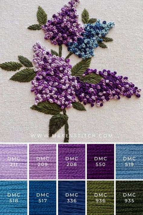 Needle Work Embroidery Flower, Blue And Purple Flower Embroidery, Candle Wicking Embroidery Candlewicking Patterns Free Images, Dmc Purple Palette, Purple Floral Embroidery, Lilac Embroidery Patterns, Purple Embroidery Flower, Embroidery Purple Flowers, Violet Embroidery Pattern