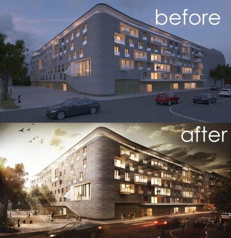 how-to-use-photoshop-for-architectural-renderings-image-editing-sample Architecture Rendering Photoshop, Render Architecture, Architectural Renderings, Photoshop Rendering, 3d Architectural Rendering, Architecture Presentation Board, Architecture Panel, Exterior Rendering, 3d Architectural Visualization