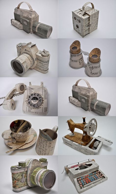 Jennifer Collier, Fotocamere Vintage, Pola Kotak, Traditional Textiles, Upcycling Fashion, Household Objects, Newspaper Art, Cardboard Sculpture, Book Sculpture