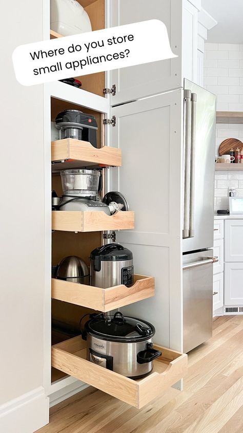 You asked, I answered. Pull out drawers are 👌 for all of those bulky small appliances. If you aren’t building new there are great options … | Instagram Upper Cabinet Pull Out, Kitchen Remodel Condo, Handy Kitchen Ideas, Modern Kitchen Design L Shape, Space Saving Kitchen Ideas, Ikea Kitchen Makeover, Build Kitchen Cabinets, Kitchen Island Overhang, Kitchen Island Storage Ideas