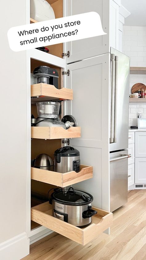 You asked, I answered. Pull out drawers are 👌 for all of those bulky small appliances. If you aren’t building new there are great options … | Instagram Kitchen With L Island, Cabinet Options Kitchen, Dyson Storage Cupboard, Upper Cabinet Pull Out, Modern Kitchen Features, Kitchen Remodel Condo, Kitchen Clever Ideas, New House Necessities, Cabinet Must Haves Kitchen