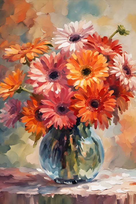 This beautiful floral artwork features gorgeous Gerbera flowers arranged in a glass vase, in a gouache watercolor style. Perfect for bedroom wall art, but will look great in any living room, bathroom, hallway or office that needs a splash of color and a floral touch. Printed on premium matte paper for you to frame as you wish. Gerbera Flower Painting, Flowers In Vase Photography, Gerbera Painting, Watercolor Flower Vase, Flower Vase Painting, Gouache Flowers, Orange Gerbera, Gouache Watercolor, Gerbera Flower