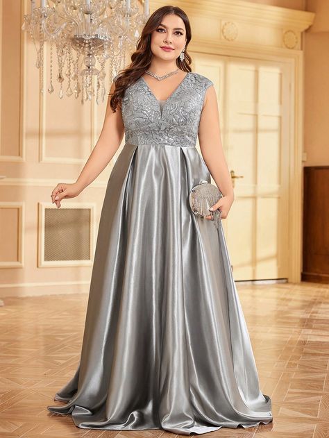 Grey  Collar Sleeveless Embroidery Plain A Line Embellished Non-Stretch  Weddings & Events Plus Size Silver Evening Gowns, Wedding Dress For 50th Anniversary, Plus Size Party Dress Special Occasions, Quinceanera Mom Dress, Plus Size Gala Dress, Plus Size Formal Gown, Plus Size Satin Dress, Gown For Plus Size Women, Curvaceous Fashion