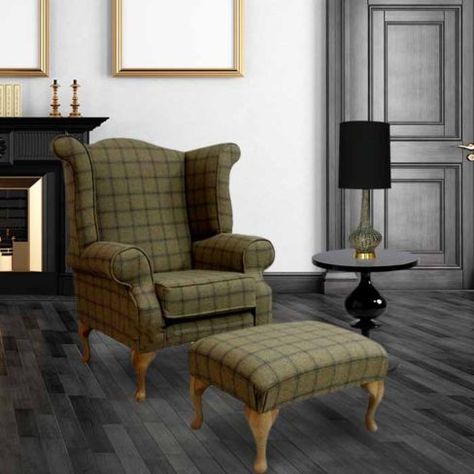 Wing Chair Upholstery, Armchair Footstool, Tartan Chair, Scottish Interiors, Chesterfield Furniture, Queen Anne Chair, Chair Drawing, High Back Armchair, Fireside Chairs