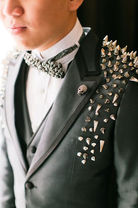 Groom's Suit with Studs and Skulls | Edgy Wedding Punk Groom, Punk Wedding Dresses, Punk Rock Wedding, Rocker Wedding, Punk Wedding, Groom's Attire, Dark Wedding Theme, Biker Wedding, Edgy Wedding