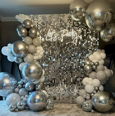 Silver Glitter Party Decor, Silver And Gold Backdrop, Sequin Panel Backdrop, Silver And White Birthday Theme, Silver Backdrop With Balloons, Glitter Backdrop Ideas, Silver Sequin Wall Backdrop, 25th Wedding Anniversary Backdrop, Silver 25th Anniversary Decorations