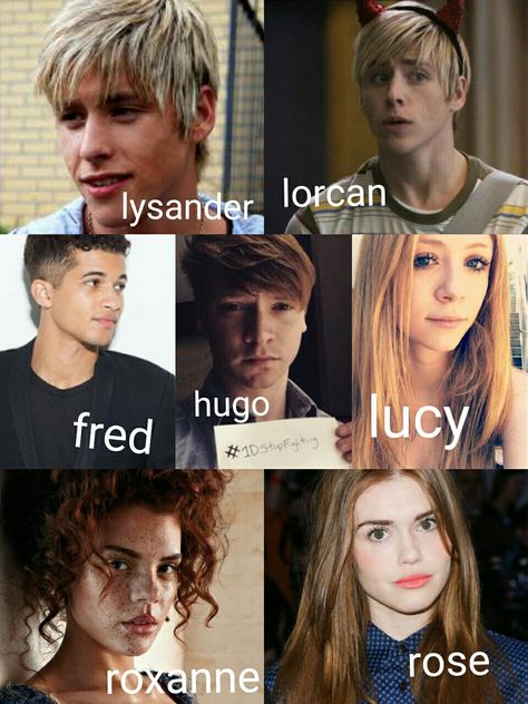 HARRY POTTER NEXT GENERATION DREAMCAST Lysander and lorcan scamander - mitch hewer Rose weasley - holland roden Fred weasley - jordan fisher Hugo weasley - calum worthy Lucy weasley - liliana mumy Roxanne weasley - jade thompson Lorcan And Lysander Scamander, Liliana Mumy, Jade Thompson, Hugo Weasley, Mitch Hewer, Lucy Weasley, Rose Weasley, Roxanne Weasley, Calum Worthy