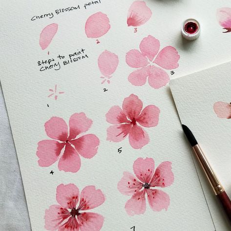 Cherry Blossom Pottery, Draw Flowers Watercolor, Paint Simple, Cherry Blossom Watercolor, Cherry Blossom Painting, Arte Indie, Watercolor Flowers Tutorial, Pottery Painting Designs, Gouache Art