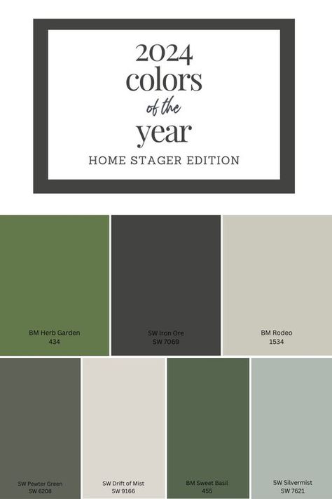 2024 Paint Colors of the Year -  Home Stager Edition Brooke Green Behr Paint, Dark Green Paint Pallet, Craftsman Style Homes Interior Paint, Spruce Green Color Palette, Current Exterior House Color Trends, Sherwin Williams Juniper, Craftsman Paint Colors Interior, Color Schemes For The Home Exterior, Modern Victorian Paint Colors