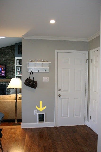 Hidden Litter Boxes - Have a less frequented room in your house, such as a storage or furnace closet? Install a kitty door in the wall, place a litter box in the room and you've just turned that unused space into the ultimate hidden cat bathroom Hiding Cat Litter Box, Hidden Litter Boxes, Cat Flap, Kitty Litter, Litter Box Enclosure, Cat Door, Up House, Cat Room, Cat Litter Box