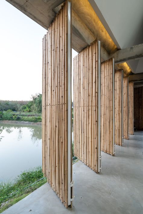 Furnish Studio | 11.29 Studio Batten Walls, Sustainable Building Design, Bamboo Furniture Design, Bamboo Roof, Bamboo Building, House Wall Design, Bamboo House Design, Bamboo Architecture, Artist Photo