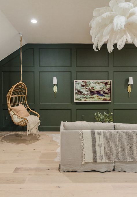 DIY TV Room with green panel wall Green Panel Wall, Green Kids Room, House Playroom, Green Walls Living Room, Dark Green Living Room, Heights House, Living Room Panelling, Green Accent Walls, Jenna Sue Design