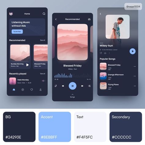 A music app with an accent bright blue color on a dark theme. Trendy color for the user interface palette. Ui Design Color Palette, App Design Trends, Profile App, Music App Design, Web Design Color, Design Color Palette, Logo Development, Flat Color Palette, Ui Ux 디자인