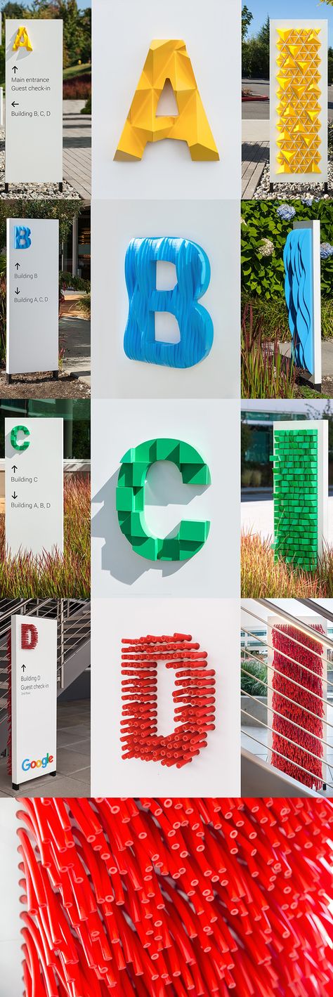 Google Wayfinding Wayfinding Design Signage, Texture Letters, Creative Wayfinding, Textured Letters, Fun Signage, 3d Signage, Signage Ideas, Wayfinding Signage Design, Wayfinding Signs