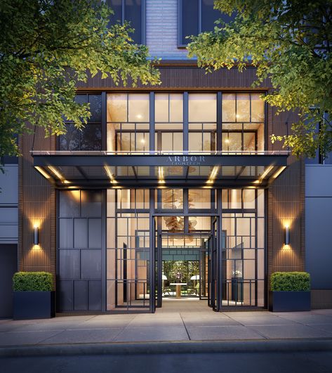 Sales Launch For Arbor Eighteen at 185 18th Street, in Greenwood Heights, Brooklyn - New York YIMBY Apartment Building Entrance, Building Entrance Design, Mall Facade, Arch Building, Apartment Entrance, Architecture Blueprints, Hotel Facade, Shop Facade, Canopy Architecture