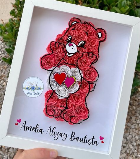 Care Bears | Care Bear Shadow Box | Baby Shower Gift | Birthday Gift | Personalized Gifts | Gift Ideas | Cardstock Paper | Paper Crafts | Paper Flowers | Wooden Frame | Wall Decor | Room Decor Personalized Shadow Box Ideas, Sunflower Shadow Box Ideas Cricut, 3d Frame Ideas Shadow Box Paper Crafts, Diy Care Bear Decorations, Shadow Box Ideas Birthday, Bear Shadow Box, Cricut Shadow Box Ideas, Love A Lot Care Bear, Shadow Box Baby