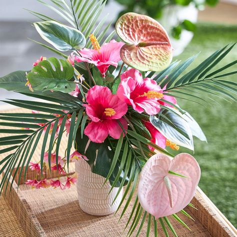 Tropical Flower Arrangements Diy, Hibiscus Arrangement, Tropical Wedding Flowers Centerpieces, Hawaiian Flower Arrangements, Luau Centerpieces, Hibiscus Bush, Hibiscus Wedding, Tropical Centerpieces, Tropical Floral Arrangements