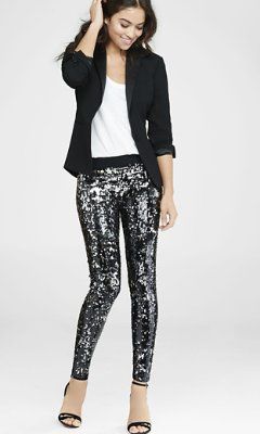 sequin legging from EXPRESS Sequin Dress Outfit, Sequin Leggings, Sequin Embellishment, Black Faux Leather Leggings, Sequin Pants, Party Pants, New Years Eve Outfits, Tuxedo Jacket, Night Out Dress