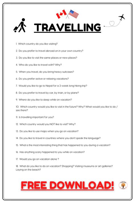 These ESL Conversation Questions all about travelling are sure to get your English students talking! -- *FREE* Printable PDF download available so you can use them right away. -- Other ESL conversation questions available too! -- #esl #learnenglish #englishteacher #teachersofthegram #englishconversation #printables #freestuff #speakenglish #englishclass #eslteacher #eflteacher #eslresources Questions For Conversation, Travel Conversation, English Comprehension, English Questions, English Everyday, S8 Wallpaper, Conversation Questions, 23rd March, Travel Questions