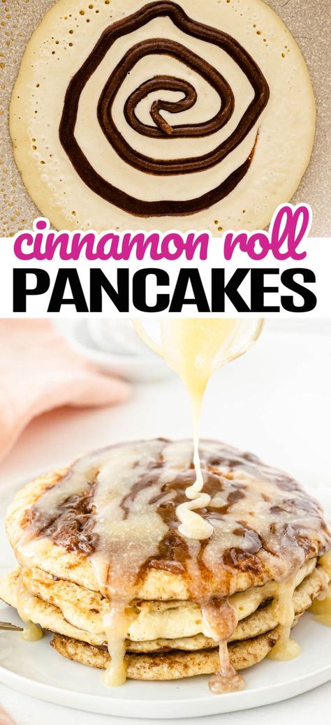 Cinnamon Roll Pancakes Easy, Pancakes Cinnamon, Cinnamon Bun Pancakes, Cinnamon Swirl Pancakes, Cinnamon Roll Pancakes Recipe, Cinnamon Pancakes Recipe, Fun Pancakes, Easy Waffle Recipe, Flavored Pancakes
