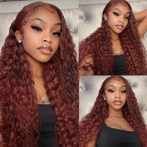 Reddish Brown Deep Wave 13x4 Lace Front Wig Pre Plucked Hairline 13x6 Transparent Lace Frontal Wigs 100% Curly Human Hair Wigs Auburn Color, Lace Closure Hairstyles, Curly Lace Wig, Dark Auburn, Straight Hair Bundles, Hair Tape, Natural Human Hair, Curly Human Hair Wig, Deep Wave Hairstyles