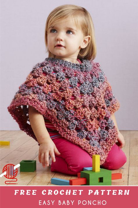 Easy Baby Crochet Poncho Free  One of the easiest to crochet little poncho for babies with Free Pattern from Lion Brand. If you don't have years practice this project should make glad you and your baby. Combine your favorite colours and start. Enjoy. Kids Poncho Pattern, Crochet Poncho Kids, Toddler Poncho, Crochet Baby Poncho, Poncho Patterns, Baby Poncho, Cardigan Bebe, Crochet Poncho Free Pattern, Kids Poncho