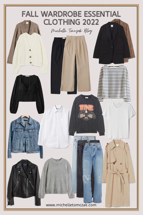 Fall Wardrobe Essential Clothing 2022. Michelle Tomczak Blog. Basic Clothes Essentials, Fall Clothing Essentials, Workwear Capsule Wardrobe, Essential Clothing, Capsule Wardrobe Women, Outfit Links, Classic Capsule Wardrobe, Fall Wardrobe Essentials, Capsule Wardrobe Essentials