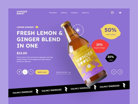 Wonder Boost - Landing Page by SlabPixel on Dribbble Drink Website Design, Drinks Website, Beauty Landing Page, Drink Website, Ecommerce Landing Page, Mobile App Landing Page, Landing Page Ui Design, Food Website Design, Event Landing Page