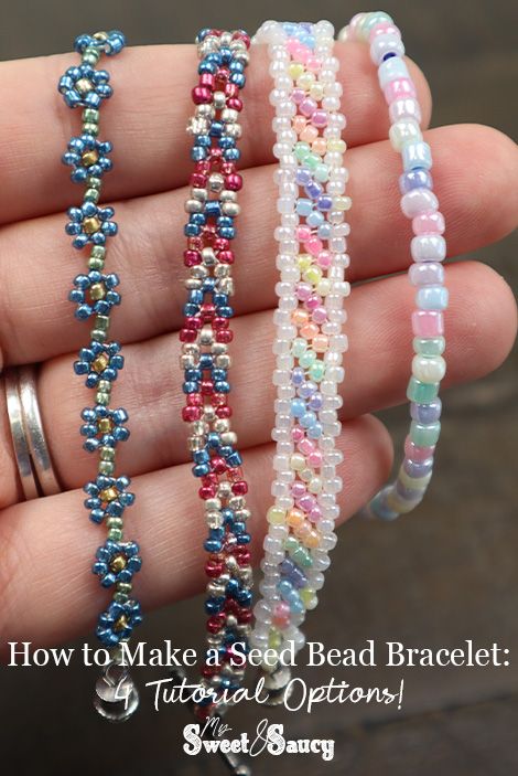 How to Make a Seed Bead Bracelet: 4 Tutorial Options - My Sweet and Saucy Beaded Bracelets Flowers Tutorial, How To Make Bead Bracelets Step By Step, How To Make Simple Beaded Bracelets, Making Seed Bead Bracelets, Seed Beads Design, Seed Bead Bracelets Flower Tutorial, Seed Bead Patterns Rings, Free Bracelet Patterns Beaded, Things To Make Out Of Seed Beads