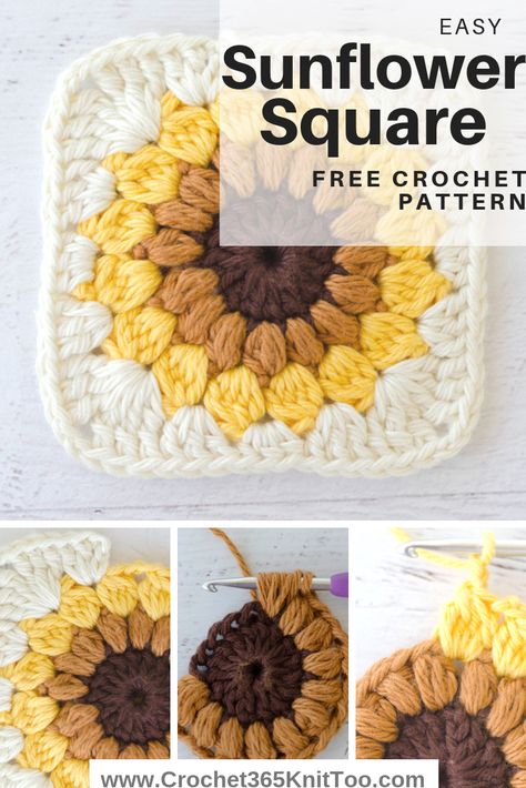 Crochet Sunflower Square, Granny Square Häkelanleitung, Motifs Granny Square, Sunburst Granny Square, Granny Square Haken, Sunflower Crochet, Corak Bunga, Crochet Mignon, Pattern Blanket