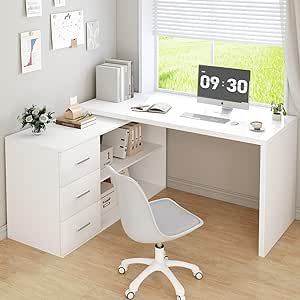 HSH White L-Shaped Computer Desk with 3 Drawers and 2 Shelves, Reversible Home Office Corner Desk for Writing Study Work Executive, 55 Inch Bedroom Wood Table Workstation Desk with Storage Cabinet Home Office Corner Desk, Office Corner Desk, Home Office Corner, Office Corner, Workstation Desk, Corner Desk Office, Desk With Storage, Bedroom Wood, Work Station Desk