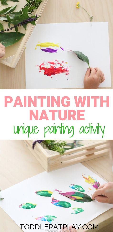 Painting with Nature Activity - Toddler at Play | Kids Crafts & Activities - Activities Painting With Nature, Nature Activity, Spring Preschool Activities, Outdoor Activities For Toddlers, Plant Activities, Toddler Painting, Montessori Art, Garden Activities, Nursery Activities