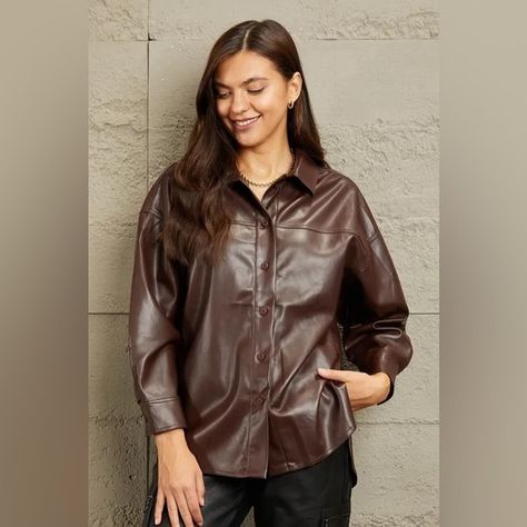 e.Luna Vegan Leather Button Down Shirt, in Burnt Umber Leather Button Down Shirt, Leather Blazer Women, Burnt Umber, Your Values, Leather Shirt, Leather Blazer, Bold Fashion, Perm, Leather Coat