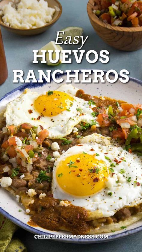 Easy huevos rancheros in a big plate looking extra inviting. Easy Huevos Rancheros, Ranchero Sauce, Huevos Rancheros Recipe, Chilaquiles Recipe, Mexican Breakfast Recipes, Mexican Dinner Recipes, Huevos Fritos, Huevos Rancheros, Mexican Dinner