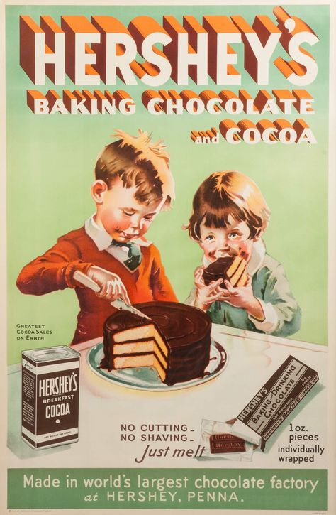 c. 1934 Vintage Hershey's Baking Chocolate & Cocoa Poster | Cottone Essen, Chocolate Advertisement, Baking Poster, Vintage Food Posters, Hersheys Chocolate, Dibujos Pin Up, ポップアート ポスター, Advertisement Poster, Baking Chocolate