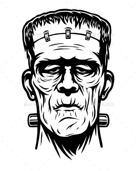 Monochrome illustration of Frankenstein head. Isolated on white background. Halloween theme Frankenstein Art Illustrations, Frankenstein Drawing, Face Svg Free, Frankenstein Face, Frankenstein Art, Zombie Head, Background Halloween, Arte Punk, Monochrome Illustration