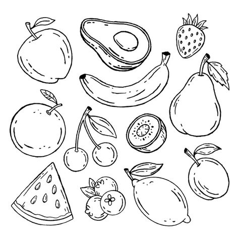 Fruit Doodle, Fruit Sketch, Vegetable Drawing, Fruit Tattoo, Fruit Coloring Pages, Fruits Drawing, Fruit Vector, صفحات التلوين, Hand Drawn Icons