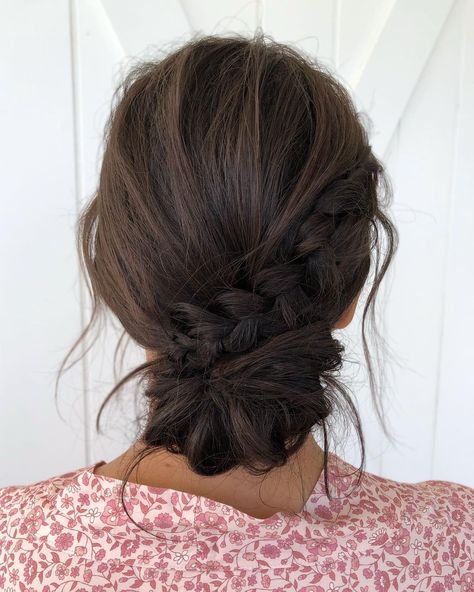 Save Time And Look Chic With These 23 Easy Updos For Medium Hair Messy Low Bun, Braid Bun Updo, Low Bun Wedding Hair, Medium Length Brown Hair, Wedding Hair Brunette, Easy Updos For Medium Hair, Messy Bun With Braid, Messy Hair Updo, Low Updo