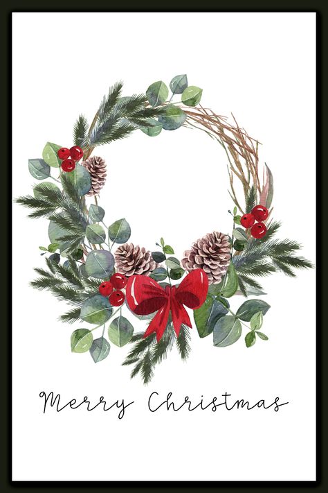 Merry Christmas Printable Set - Free Christmas Cards and Prints Watercolour Christmas Illustration, New Year Card Watercolor, Christmas Wreaths Illustration, Watercolour Christmas Wreath, Wreath Illustration Christmas, Christmas Wreath Painting, Painting Wreath, New Year Watercolor, Watercolour Pictures