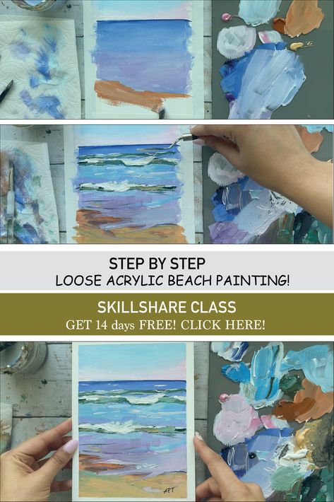 Loose Acrylic Beach Painting Nature, Abstract Beach Painting Acrylics, How To Paint An Ocean Scene, Loose Acrylic Painting Tutorials, How To Paint An Ocean, Acrylic Beach Painting Tutorials, Diy Ocean Painting, Simple Ocean Painting, Simple Beach Painting