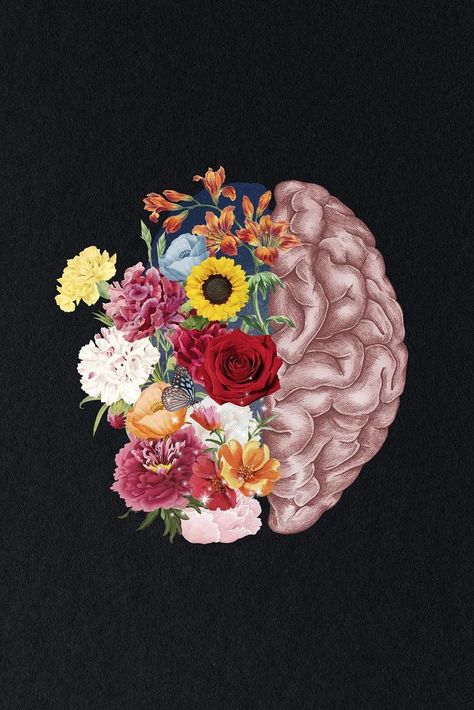 Brain With Flowers Art, Mental Growth Illustration, Brain Design Art, Creative Brain Art, Brain And Flowers Drawing, Health Design Ideas, Neuroscience Background, Neuroscience Aesthetic Wallpaper, Brain Flower Art