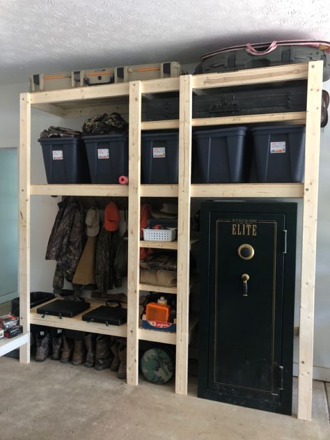 Hunting Storage Ideas Garage, Hunting Gear Storage Closet, Organize Hunting Gear Storage, Hunting And Fishing Storage Room, Hunting And Fishing Gear Storage, Hunting Room Storage Ideas, Hunting Stuff Organization, Garage Shelving With Sliding Doors, Hunting Gear Storage Room