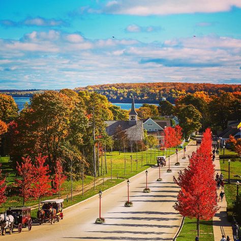 “Fall in love this October with these island views! #grandhotelmichigan #mackinacisland #puremichigan #americassummerplace #october #makeitmackinac” Mackinac Island Fall, Mackinaw Island Michigan, Grand Hotel Mackinac Island, Mackinaw Island, Mackinac Island Michigan, Mackinaw City, Mackinac Bridge, Michigan Travel, Unique Hotels