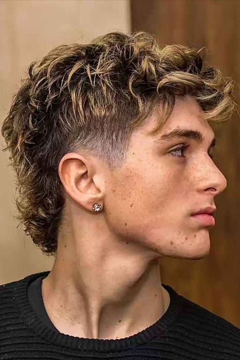 Mullet with Highlights and a Taper Fade for Dudes with longer hair on top Classic Mullet, Modern Mullet Haircut, Fade Mullet, Taper Fade Haircuts, Men Hair Highlights, Mens Haircuts Short Hair, Male Haircuts Curly, Edgars Haircut, Men Haircut Curly Hair