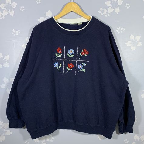 Vintage Classic Women Flowers sweatshirt Collared Flowers sweater Embroided Flower Collared crewneck Blue Oversized Jumper XL We are selling used clothing with good condition. DO NOT EXPECT the item is like new condition. Condition  Used vintage Good conditions : 9/10 Details : No pinholes / Look at the picture Brand : Classic Elements Made in China 🇨🇳   Measurement Size On Tag : XL Pit to pit/Chests : 29.5 inches  Length : 27 inches Sleeve Length : 20 inches Material : Polyester / Cotton  Col Flower Jumper, Art Sweatshirt, Crewneck Vintage, Flower Sweatshirt, Business Casual Outfits For Work, Deez Nuts, Oversized Jumper, Collared Sweatshirt, Classic Women