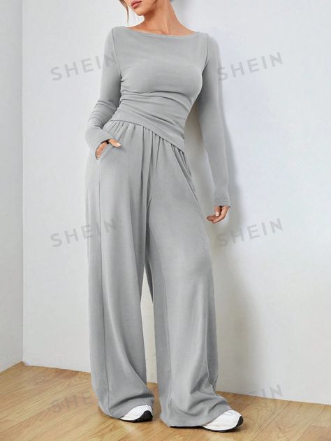 SHEIN EZwear Women's Knitted Slim Fit Suit Set, Dark Grey | SHEIN USA Winter Inspiration, Gray Winter, Winter Set, Slim Fit Suit, Suit Set, Shirt And Pants, Grey Women, Two Piece Outfit, Dark Grey