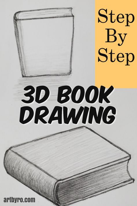 Learn to draw a 3D book. Step by step art tutorials for beginners. #learnart #art #drawing 3d Book Drawing, Step By Step 3d Drawings, How To Draw Books Step By Step, How To Draw A Book Step By Step, 3d Pencil Drawings Step By Step, How To Draw A Book, Drawing Book Ideas, Book Drawing Easy, Drawing A Book