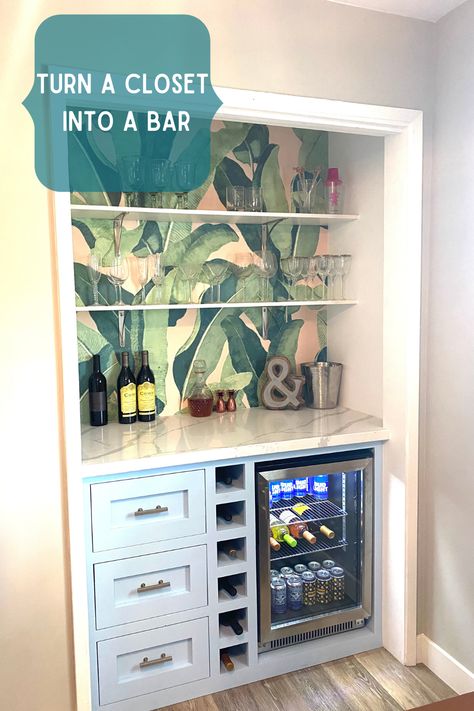 Home Office And Bar Combo, Closet Beverage Station, Closet Into Dry Bar, Built In Bar Closet, Closet Turned Beverage Bar, Wine Closet Ideas Small Spaces Bar Areas, Built In Bar Small, Turn Pantry Into Coffee Bar, Closet Wet Bars