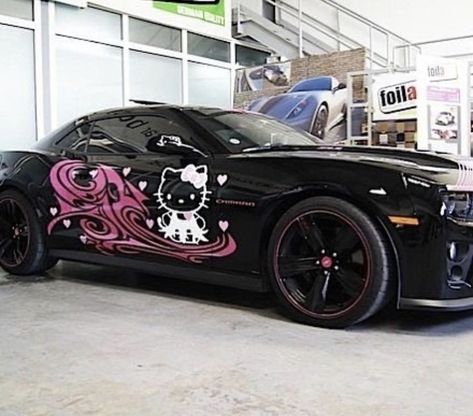 Hello Kitty Aesthetic Car, Hello Kitty Race Car Wallpaper, Cool Car Designs, Hello Kitty Car Sticker, Hello Kitty Race Car, Hello Kitty Motorcycle, Hello Kitty Cars, Kawaii Cars, Y2k Cars