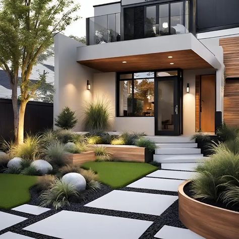 Front Yard Landscaping Ideas: How to Design a Stunning Outdoor Space Front Patio Courtyard Ideas, Mediterranean Landscaping Front Yard Drought Tolerant, Turf And Pavers Front Yard Ideas, Front Yard Landscaping Stones, Modern Front Landscaping Ideas, Garage Facade Design, Home Entrance Ideas Outdoor, Minimalist Backyard Landscaping Design, Contemporary Front Yard Landscaping